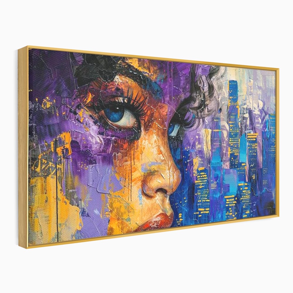 Tablou canvas cu pictura digitala cu profil de femeie, in rama de aluminiu auriu